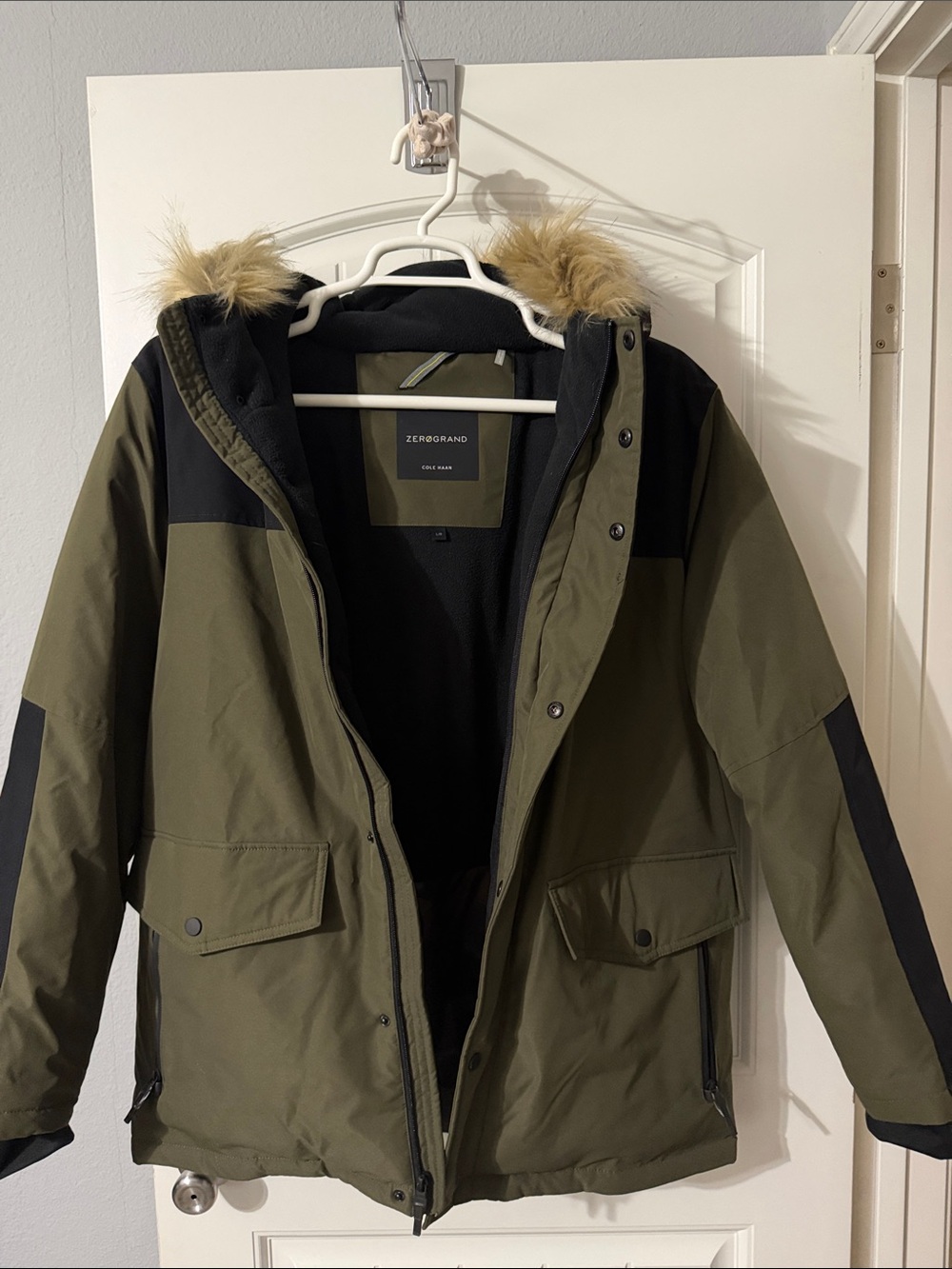 Cole Hahn ZeroGrand Men's Olive Green Parka Jacket with Faux Fur Hood